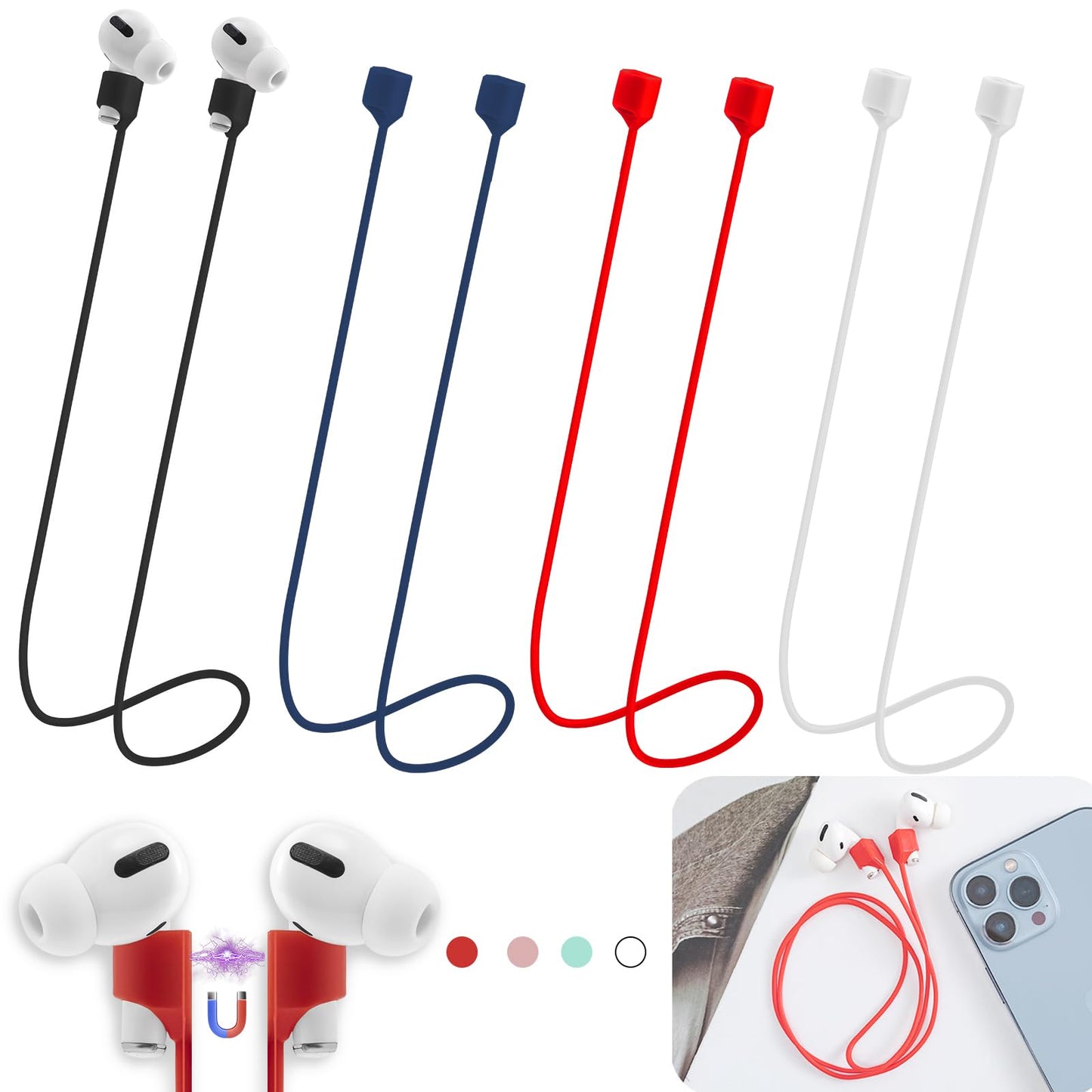 Magnetic Anti-Lost Straps for AirPods,4 Pack Ultra Strong Magnetic AirPod Strap Anti-Lost Neck Rope Cord,Soft Silicone Sports Lanyard Compatible