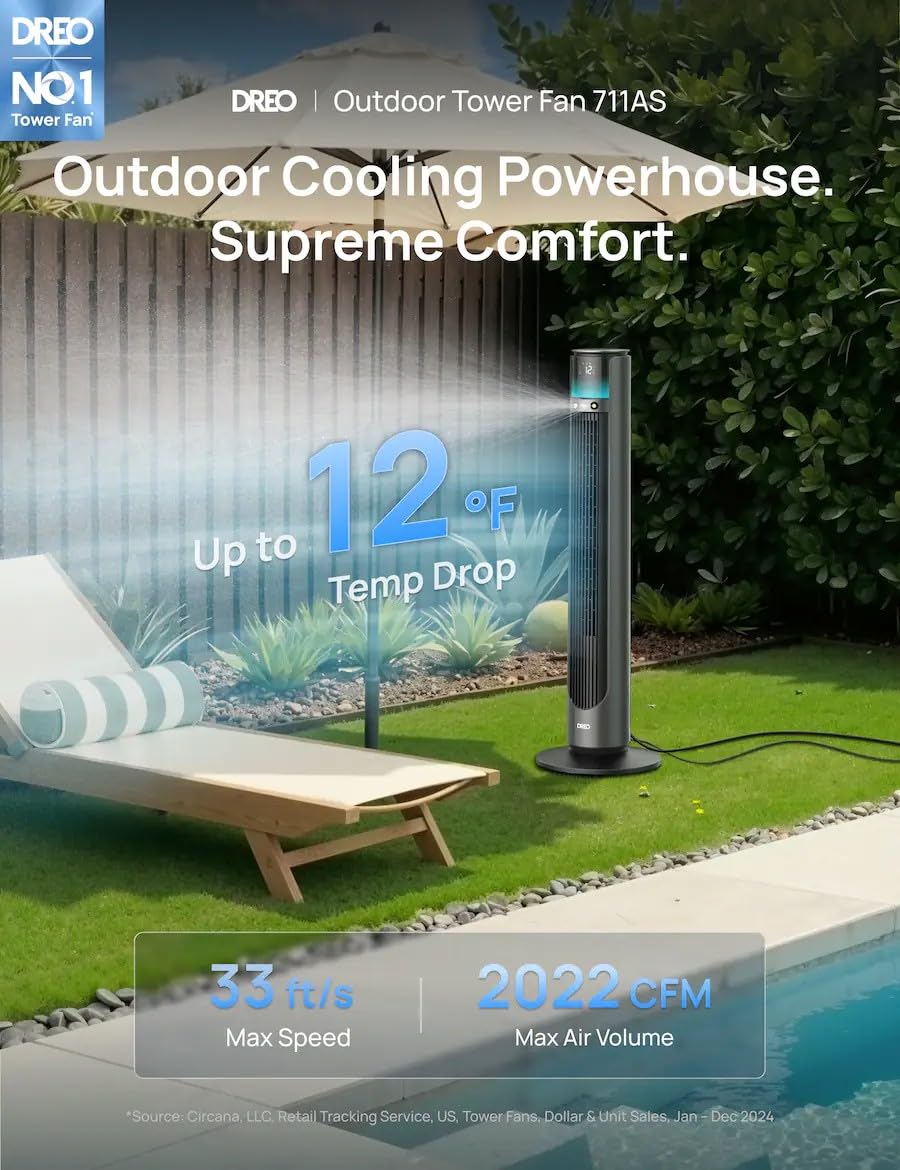DREO - 42 in. 12 Speeds Smart Outdoor Misting Tower Fan in Black w/Remote, 20 ft Mist, 150° Oscillation, UV-Resistant - Gray (Renewed)