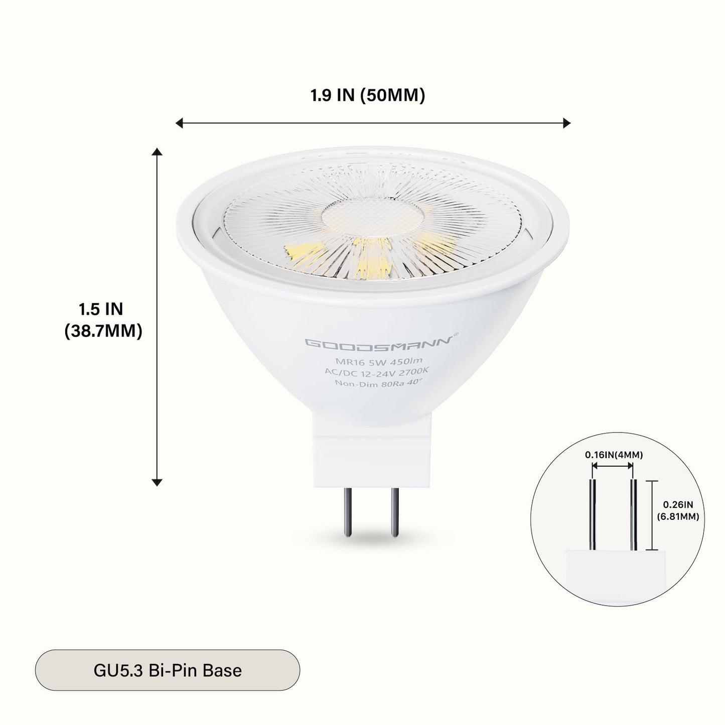 GOODSMANN 12-Pack MR16 LED Bulbs, 12V-24V AC/DC Low Voltage Landscape Light Bulbs, 5W (50W Halogen Equiv.), 450LM 2700K Warm White, GU5.3 Bi-Pin Base