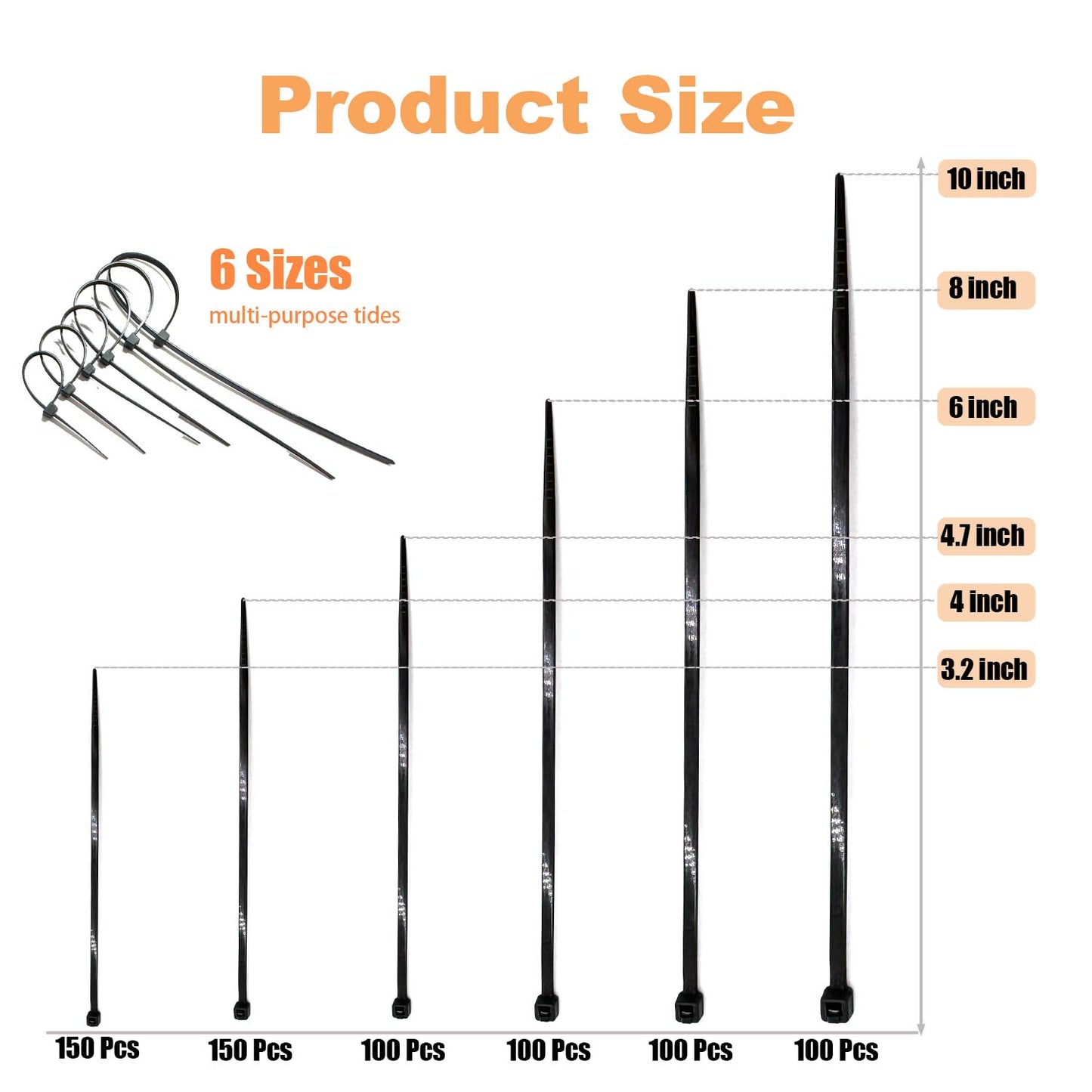 700 Pcs Cable Ties,6 Size 3.2/4/4.7/6/8/10 Inch Black Nylon Electrical Zip Ties,Zipties Assorted Sizes for Home Office,Gardening,Electronics,Cable
