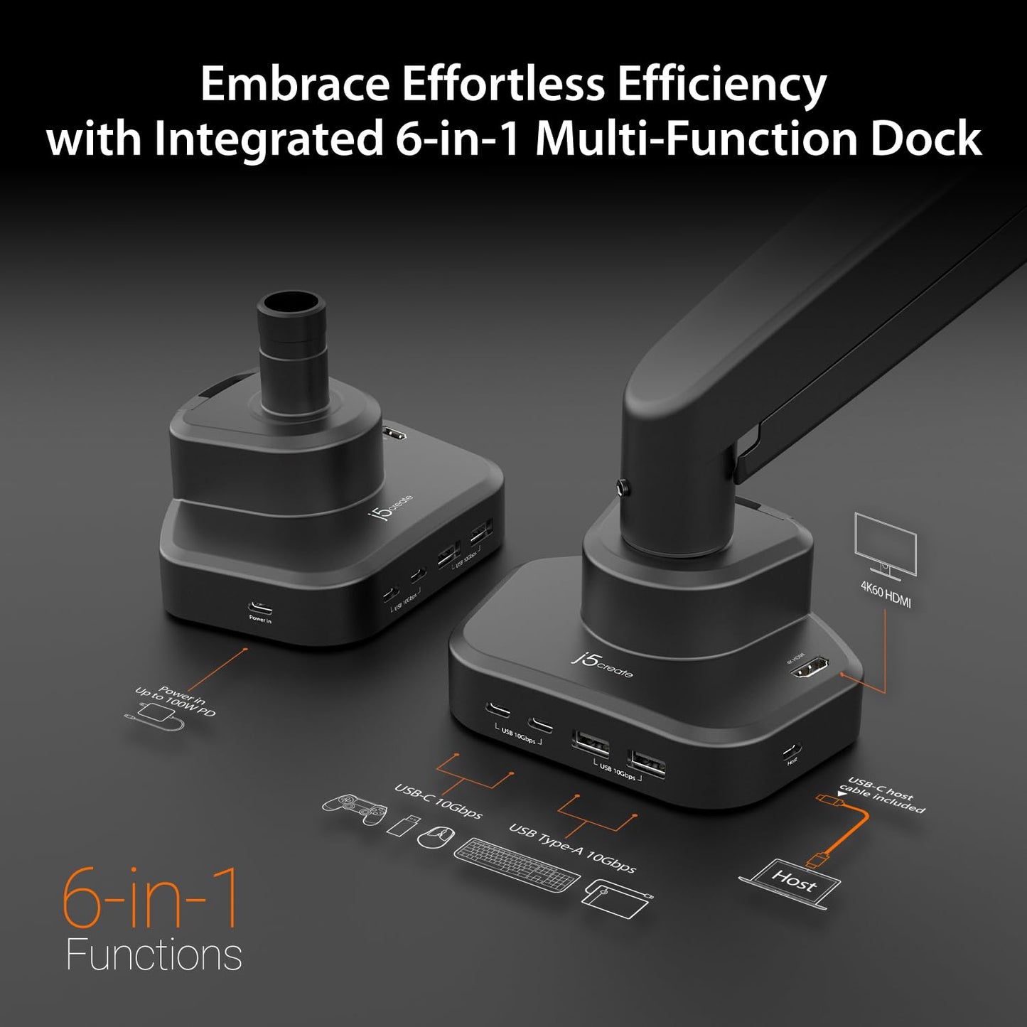 j5create Monitor Mount with 6-in-1 Docking Station, Fully Adjustable Gas Spring Monitor Arm for 17 to 32 inch Screen, Conveniently Set Optimal Angle