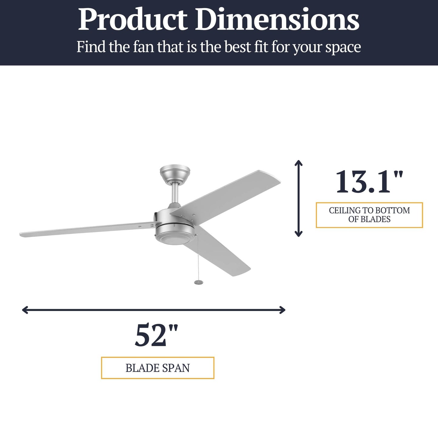 Prominence Home Tenant, 52 Inch Contemporary Indoor Outdoor LED Ceiling Fan, No Light, Pull Chain, Dual Mounting Options, 3 Dual Finish Blades