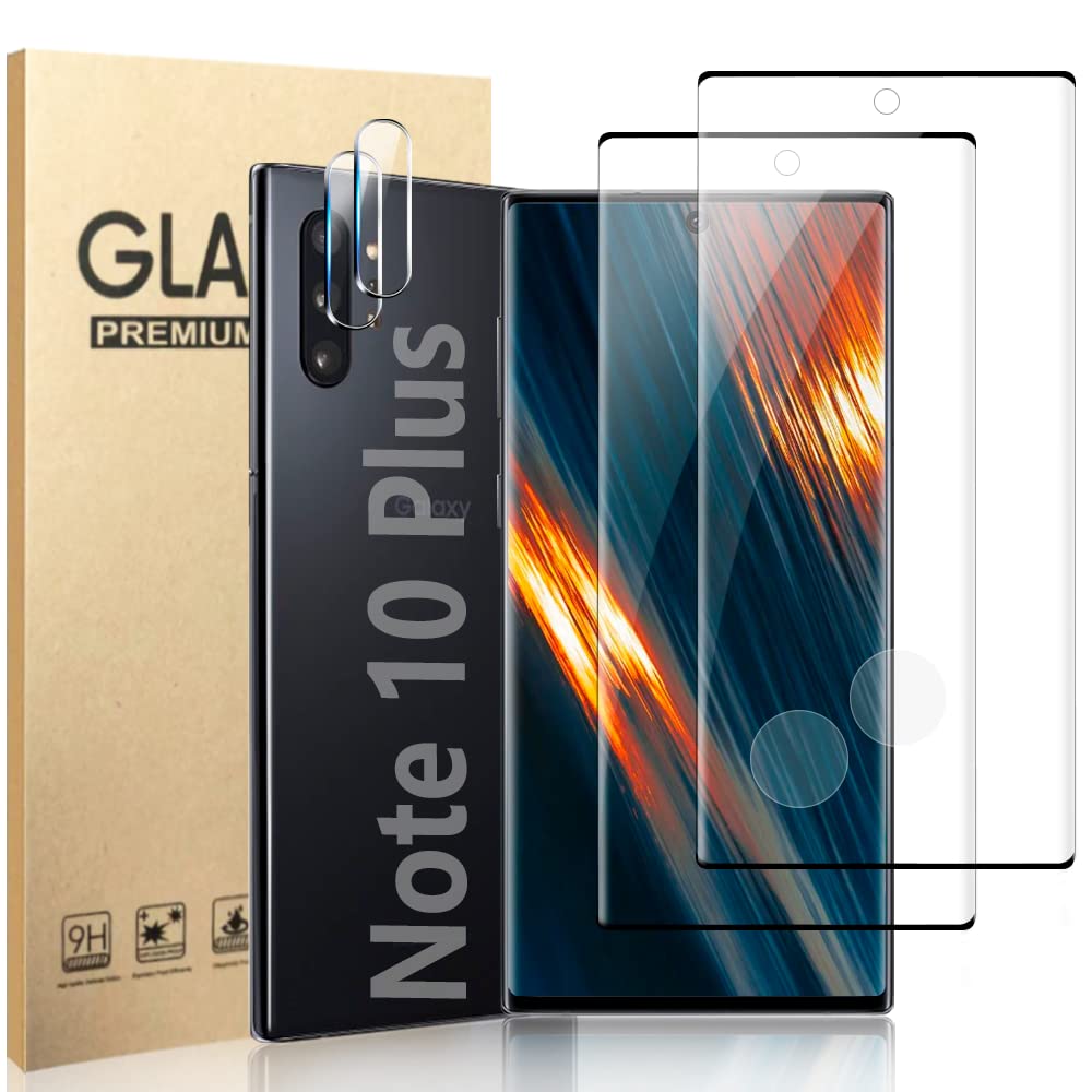 2 Pack Galaxy Note 10 Plus Screen Protector, HD Clear Tempered Glass,2 Pack Camera Lens Protector, Fingerprint Unlock,3D Curved Full Coverage,Scratch