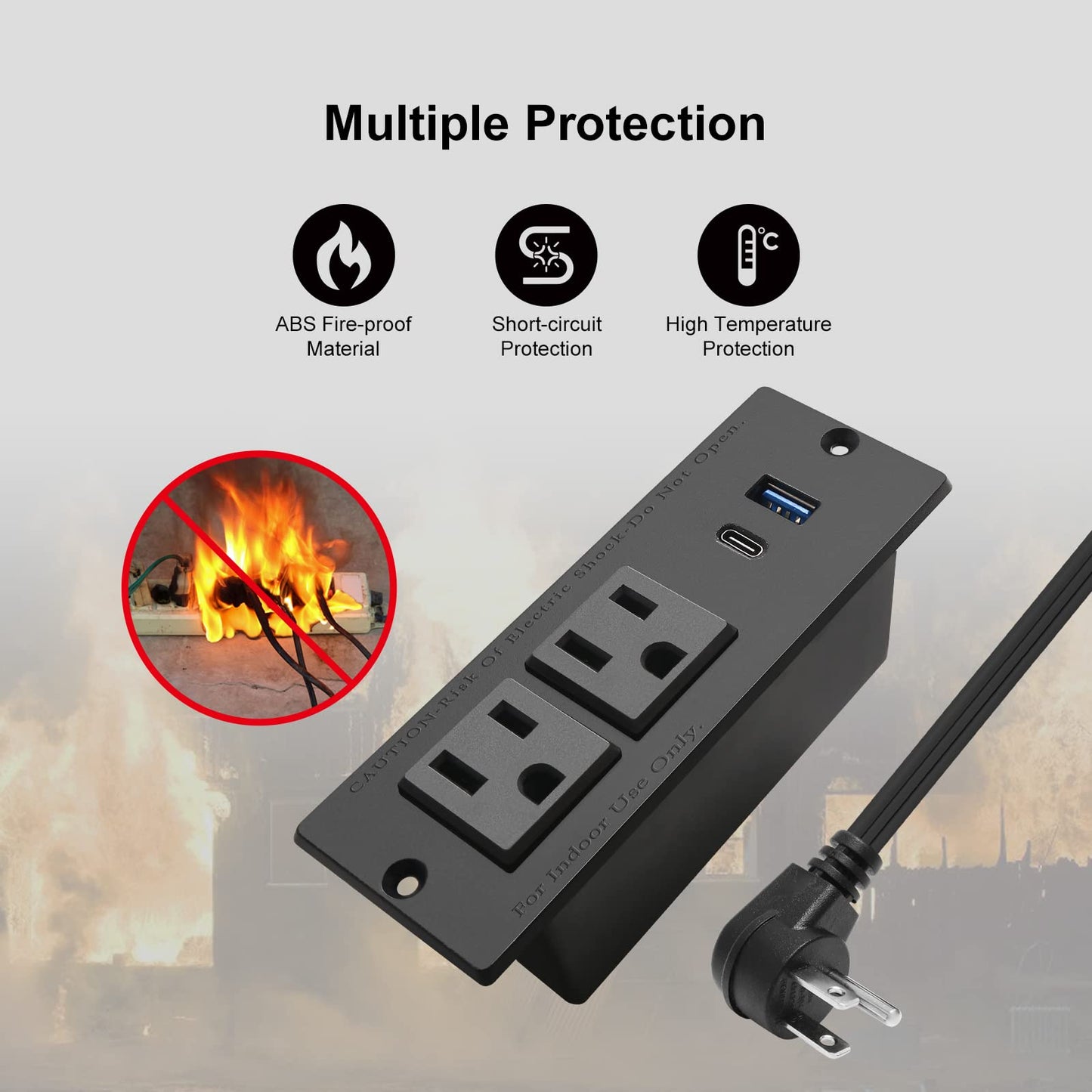 USB C Recessed Power Strip Fast Charge Desktop Power Station 2 Outlets 2 USB (PD20W & QC18W, Total 20W) Mountable Flat Plug Extension Cord Mount