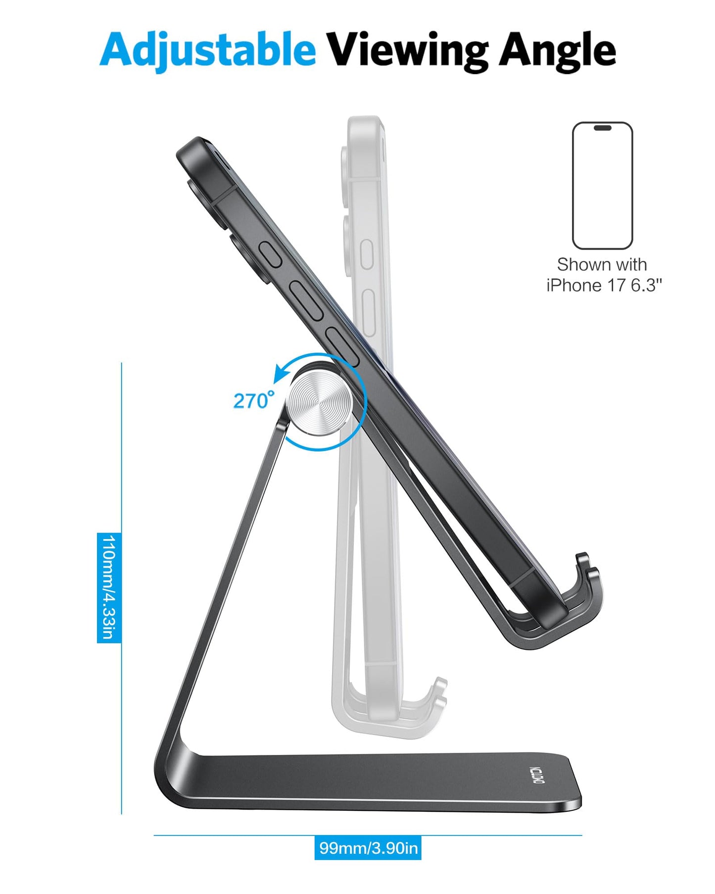 OMOTON C2 Adjustable Aluminum Cell Phone Stand with Charging Cutout, Black
