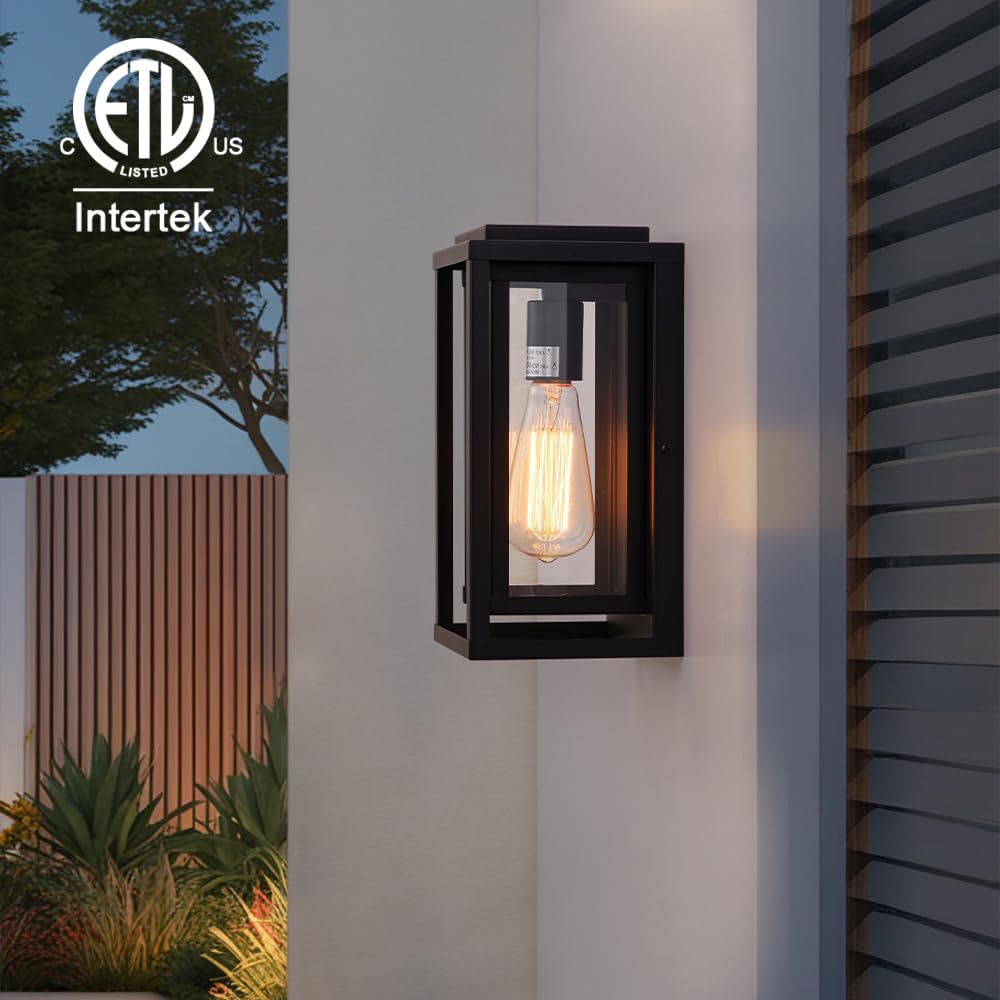 Cerdeco 12” Modern Outdoor Wall Sconce with Rectangular Metal Frame and Transparent Glass Shade,Black Outdoor Lighting for Garage Porch Patio Pack