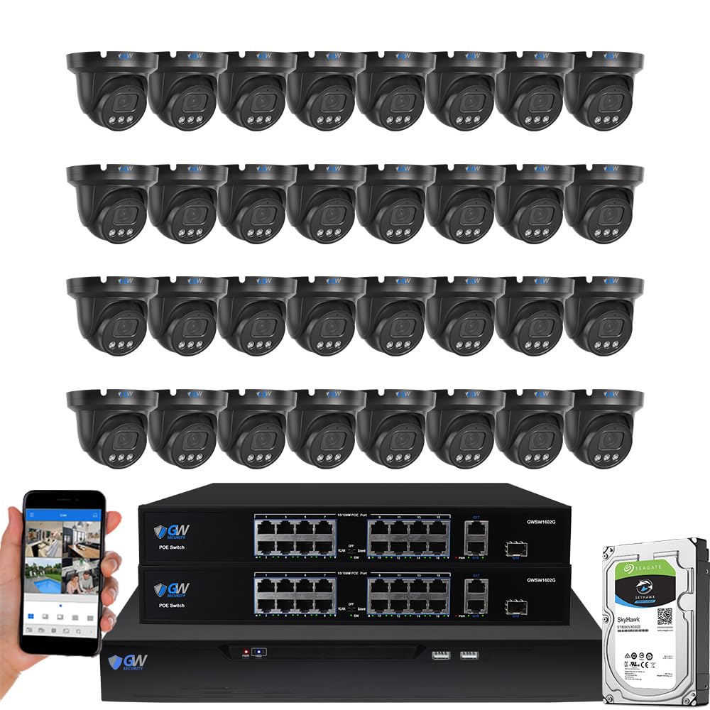 GW Security 32 Channel NVR UltraHD 4K Face Recognition NDAA & TAA Compliant Security Camera System with 32 x 8MP @25FPS Outdoor & Indoor PoE Turret