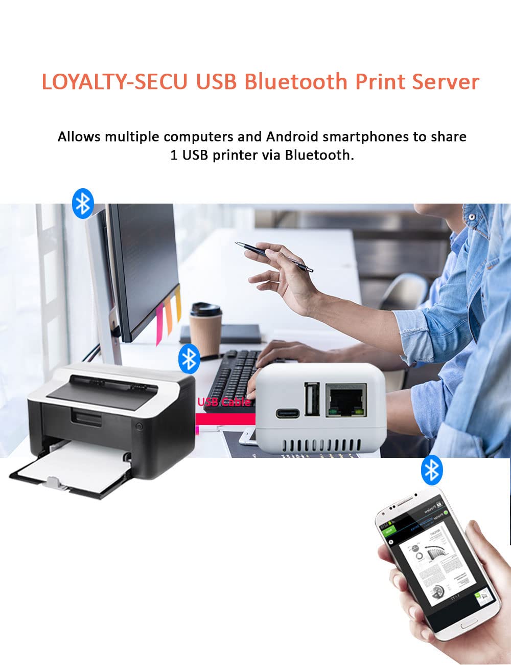 LOYALTY-SECU Blue TH Network Print Server Transforms USB Printer into a Wireless Printing Solution