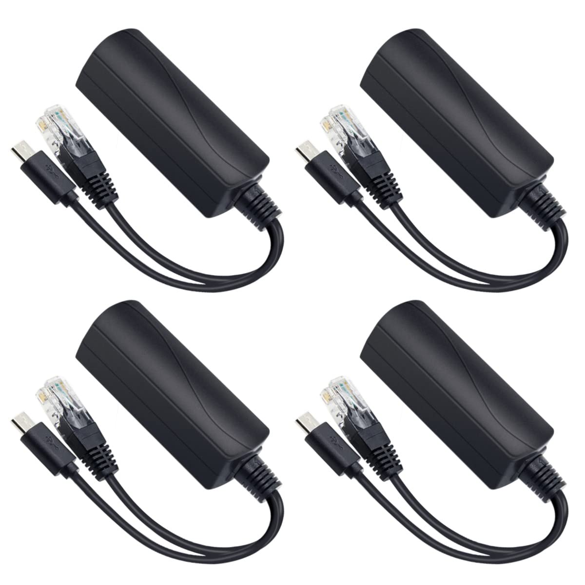 JacobsParts 5V PoE Splitter, 48V to 5V 2.4A Micro-USB Adapter, IEEE 802.3af Compliant for IP Camera, Raspberry Pi and More (4-Pack)