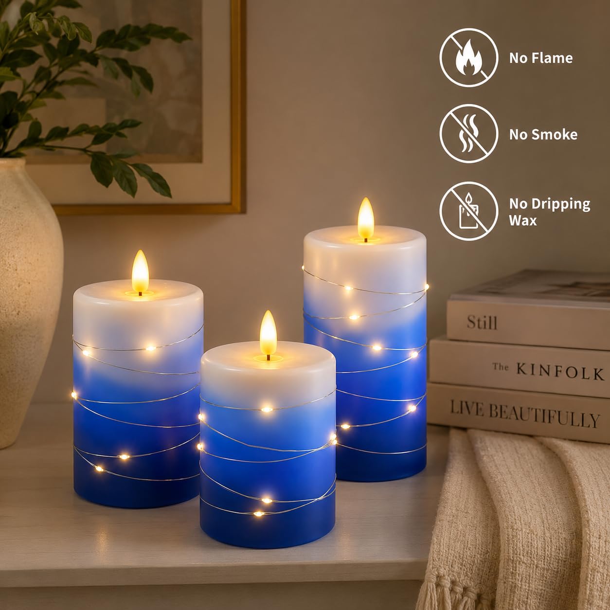 haitanghua Blue Flameless Candles Set of 3, Real Wax with Remote Timer