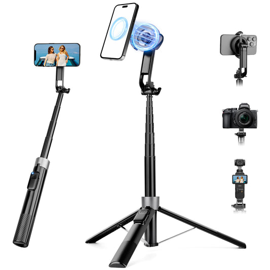 70" Magnetic Phone Tripod, Selfie Stick Tripod for iPhone MagSafe & Camera with Rechargeable Remote & 2 in 1 Magnetic Holder, 360° Rotatable Portable
