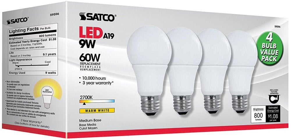 S9596 Frosted White 9w A19 Led 2700k Med Base 200' Beam Spread 120v Non-Dim 4/Pk