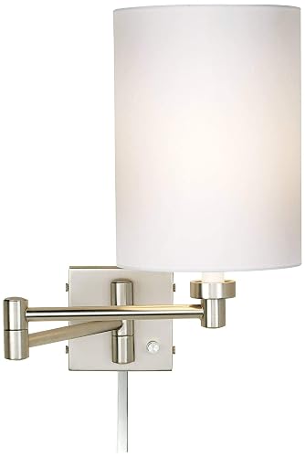 Possini Euro Design Modern Swing Arm Wall Lamp with Cord Cover Brushed Nickel Plug-in Light Fixture White Cotton Cylinder Shade for Bedroom Bedside
