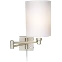 Possini Euro Design Modern Swing Arm Wall Lamp with Cord Cover Brushed Nickel Plug-in Light Fixture White Cotton Cylinder Shade for Bedroom Bedside