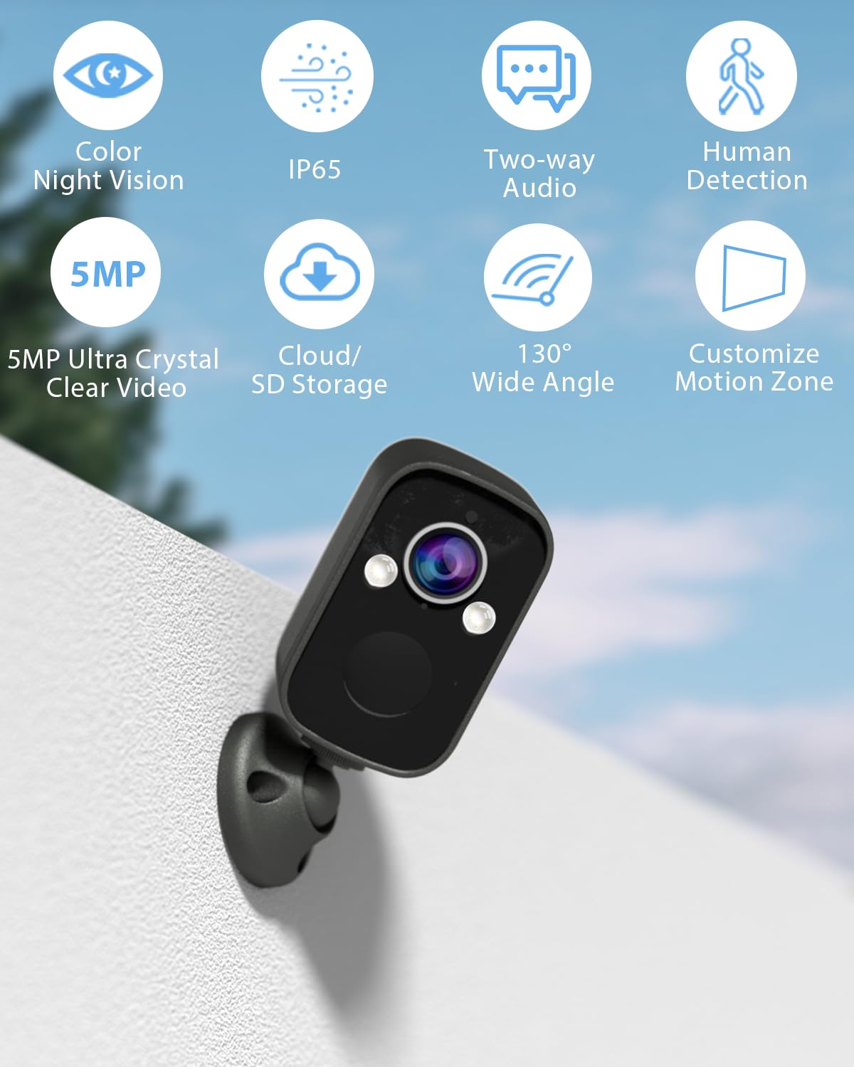 Rraycom 2K Security Camera Wireless Outdoor, Solar Camera with Color Night Vision, AI Motion Detection with Spotlight&Siren, 2-Way Audio, Cloud/SD