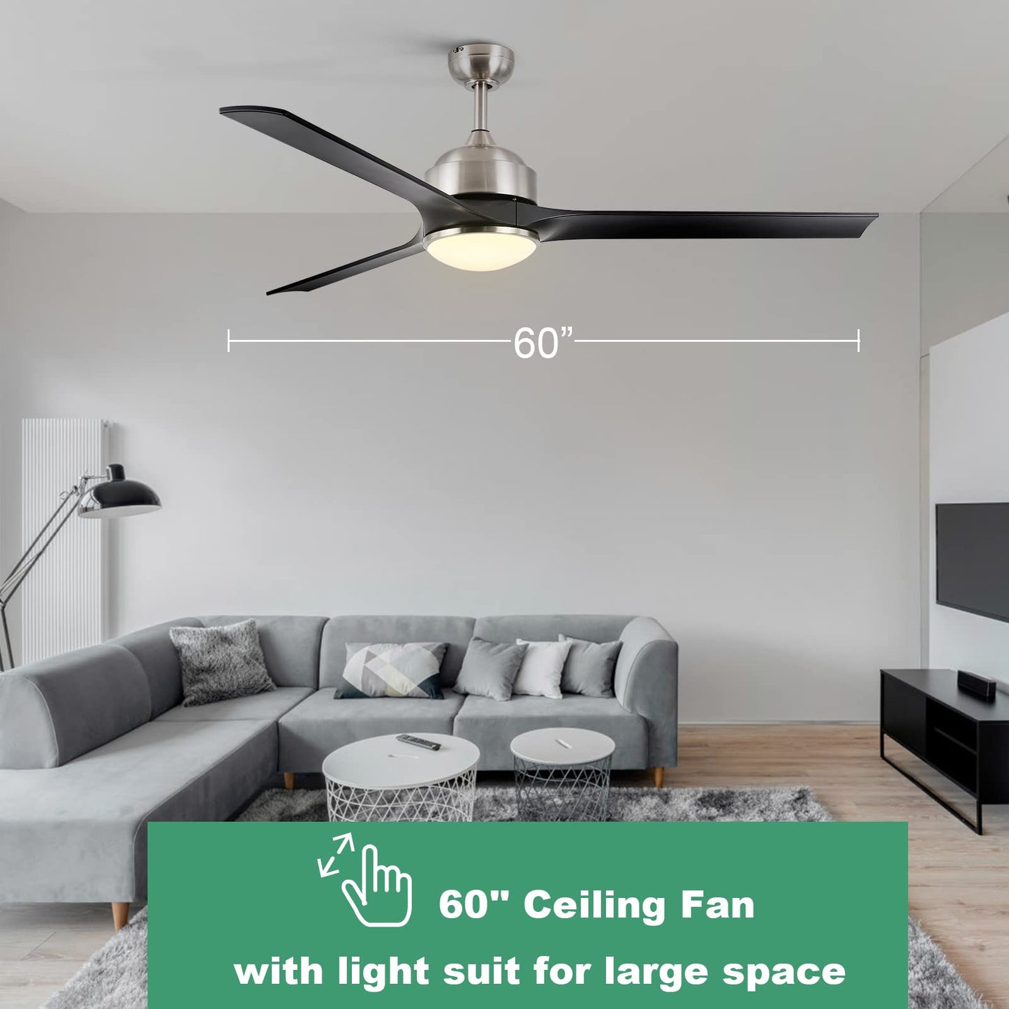 Homeybuff Ceiling Fan with Lights, 60-Inch, Brushed Nickel(3 Blades), Dimmable LED Light