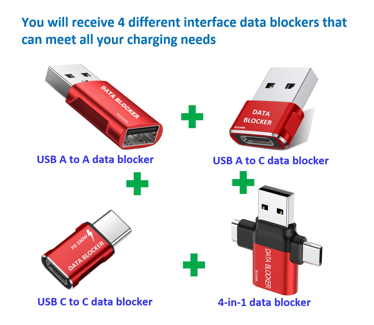 BUISAMG Data Blocker, 4-in-1 Universal Data Blocker Protection from Illegal Downloading, Hacking Proof 100% Guaranteed, USB C Data Blocker for iPhone