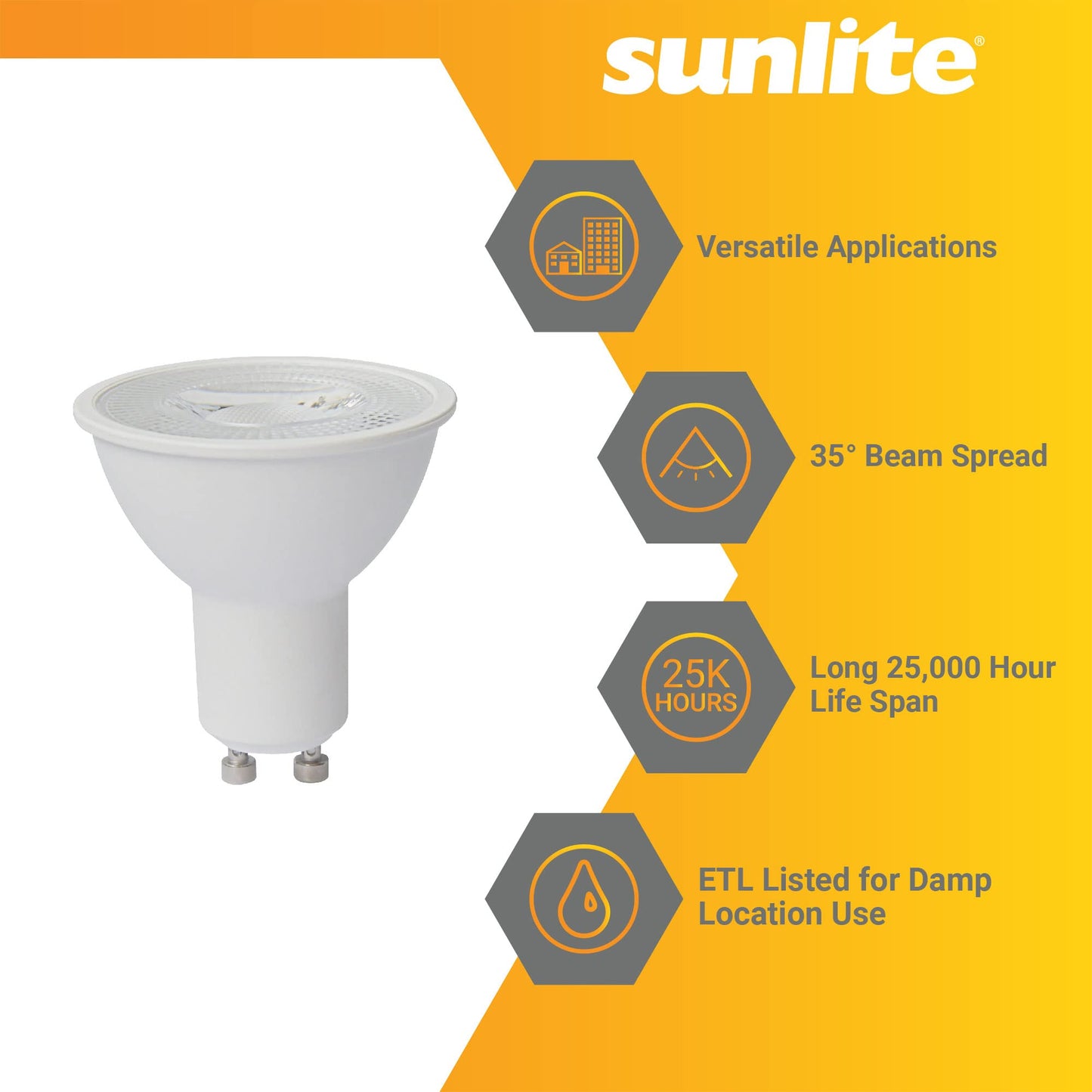 Sunlite 80527 LED MR16 Reflector Spotlight Bulb, 7 Watts (50W Halogen Bulb Replacement) 120 Volt, 550 Lumen, 35° Flood Beam, GU10 Base, Dimmable, ETL