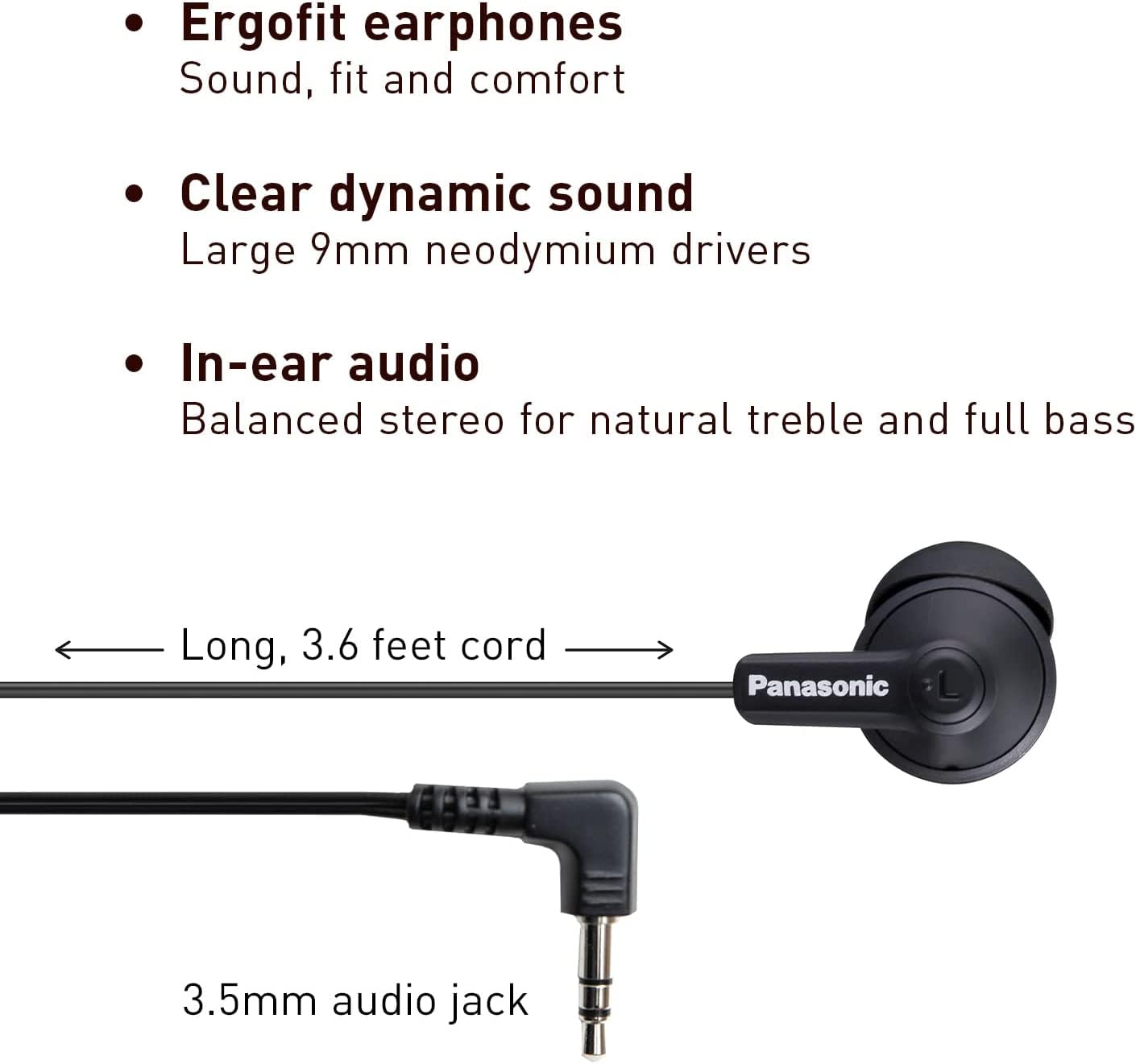 Panasonic ErgoFit Wired Earbuds, In-Ear Headphones with Dynamic Crystal-Clear Sound and Ergonomic Custom-Fit Earpieces (S/M/L), 3.5mm Jack for Phones