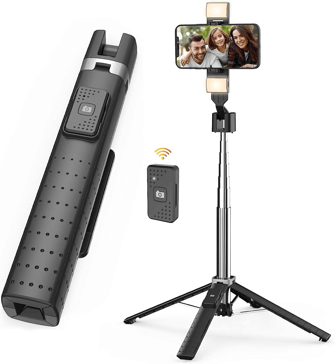 41” Selfie Stick Tripod Quadrapod with 2 Rechargeable Fill Light, Extendable Tripod with Bluetooth Remote, Stainless Steel, 3 Light Modes, 9