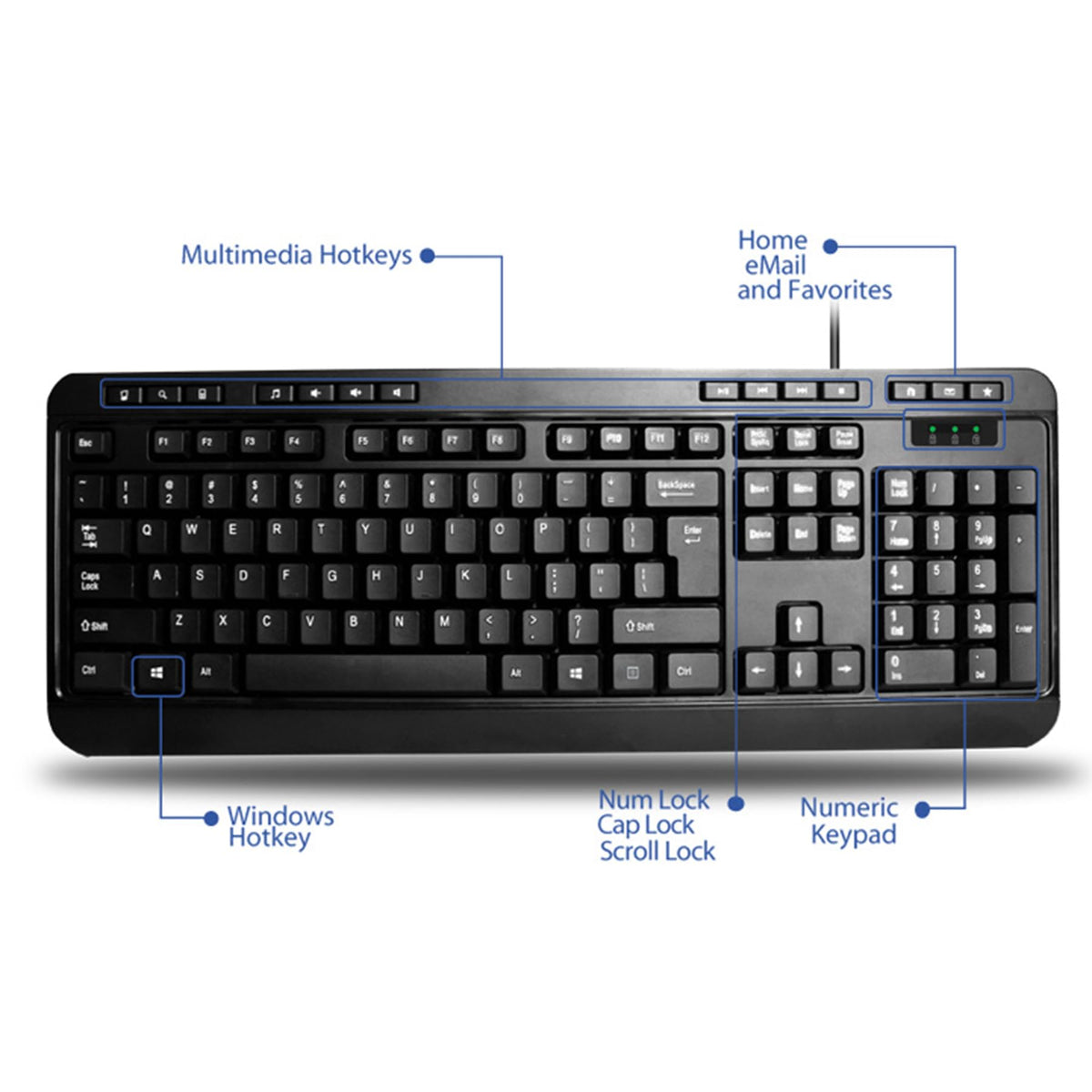 Adesso AKB-132UB - Multimedia Desktop 104-Key USB Keyboard for Windows One-Touch Controls,Black