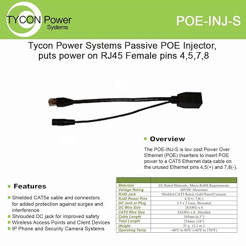 Tycon Systems POE-INJ-S Passive POE Injector - Black