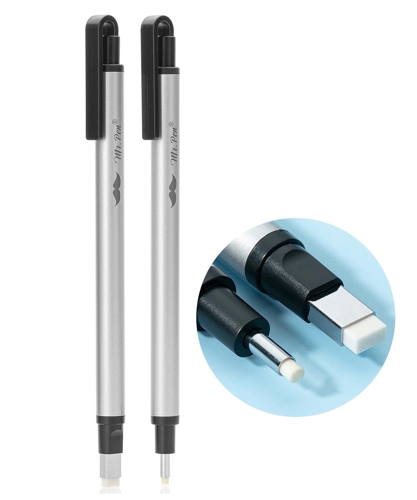 Mr. Pen- Pen Style Eraser, 2 Pack, Silver, Square & Round Tip, Eraser Pen