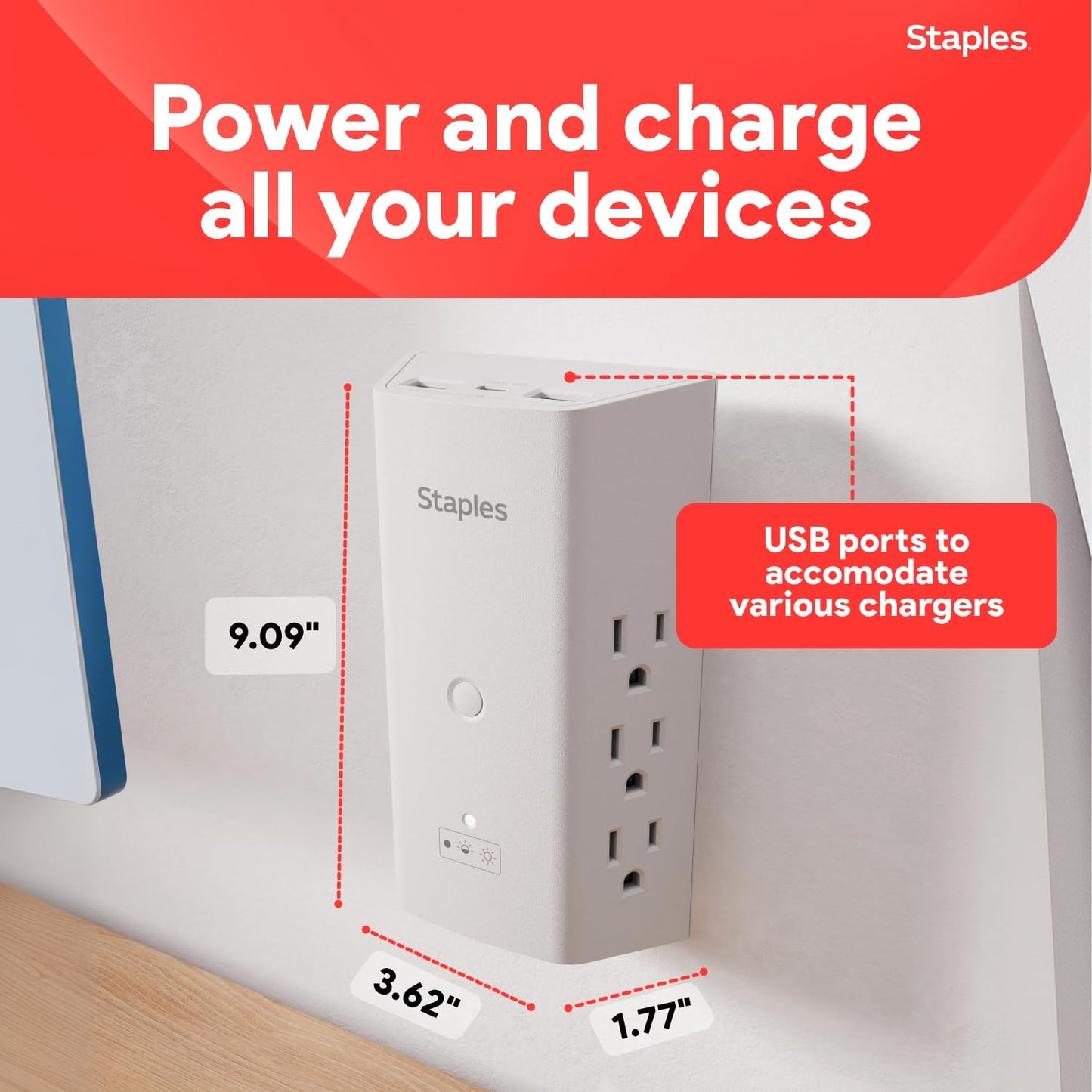 Staples TECH 6-Outlet Surge Protector, Wall Mountable with 2 USB-A & 1 USB-C Port - 1200 Joules, White, Ideal for Home & Office