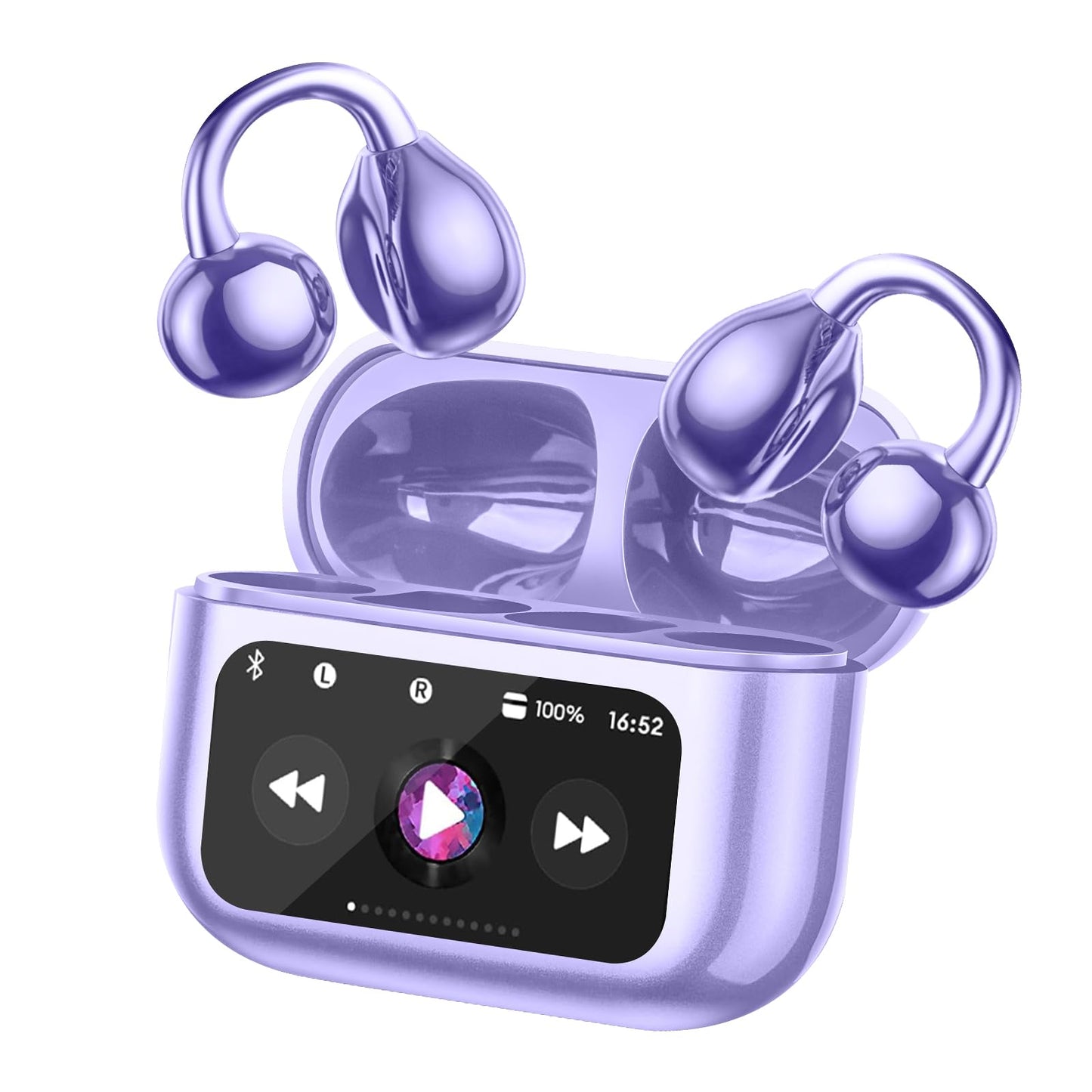 TANFESO Ultra Open Ear Headphones Bluetooth 5.4 Wireless Clip On Earbuds with Digital Display Charging Case 60 Hours Playtime Sport Earphones Built-in