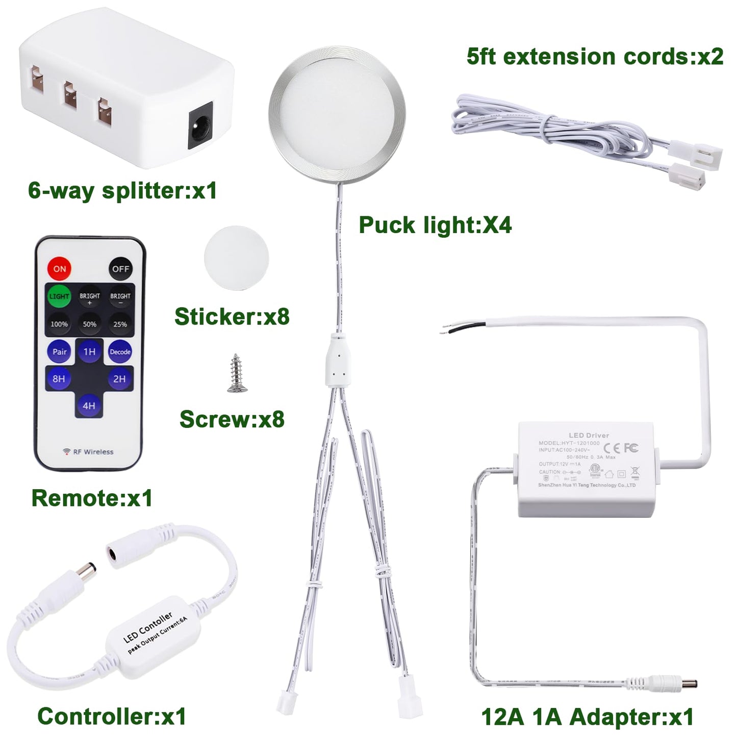 AIBOO Linkable LED Under Cabinet Lights Direct Wired 12V Slim Aluminum Dimmable Puck Lights with RF Remote Control for Accent Lighting (4 Lights, Warm