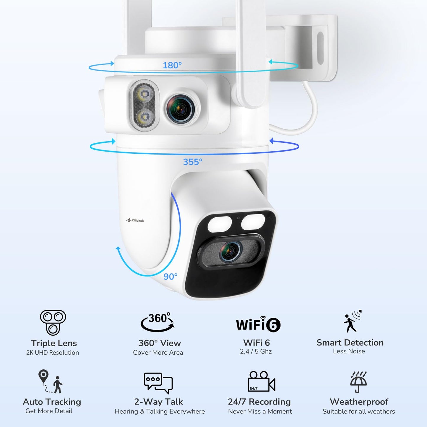 Home Security Camera System Wireless, Triple Lens 2K Security Cameras Wireless Outdoor with 360° Pan & Tilt, Motion Detection, Auto Tracking, 2.4/5GHz