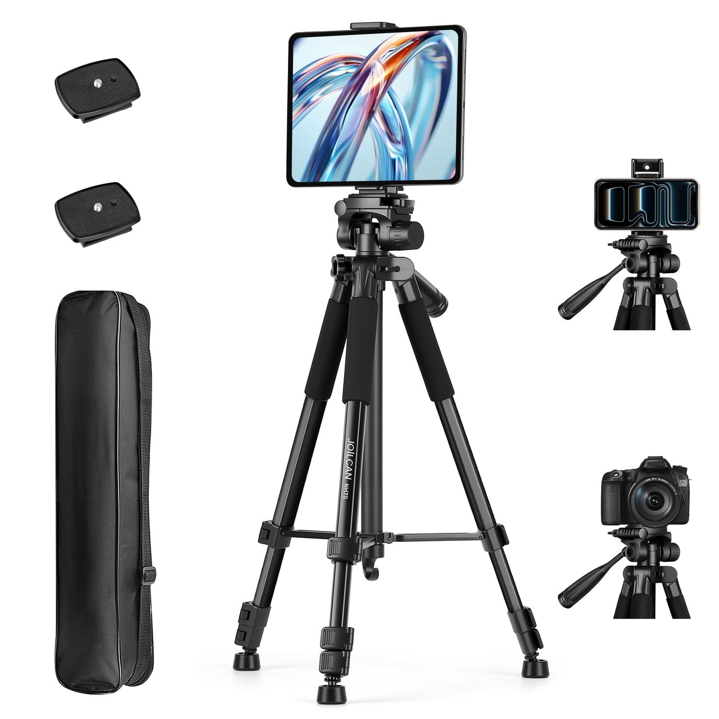 JOILCAN 67" Phone iPad Tripod, Professional Camera Tripod Stand for Tablet iPhone with 2-in-1 Holder & Carry Bag, Extendable Travel Tripod