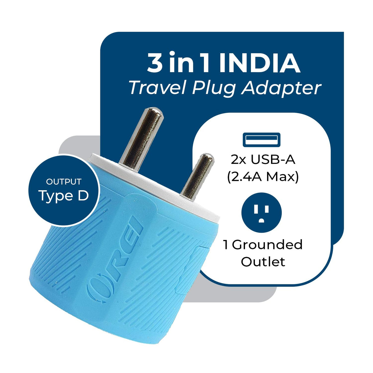 OREI Type D Travel Adapter with 2 USB Ports - 3-in-1 India Plug Adapter