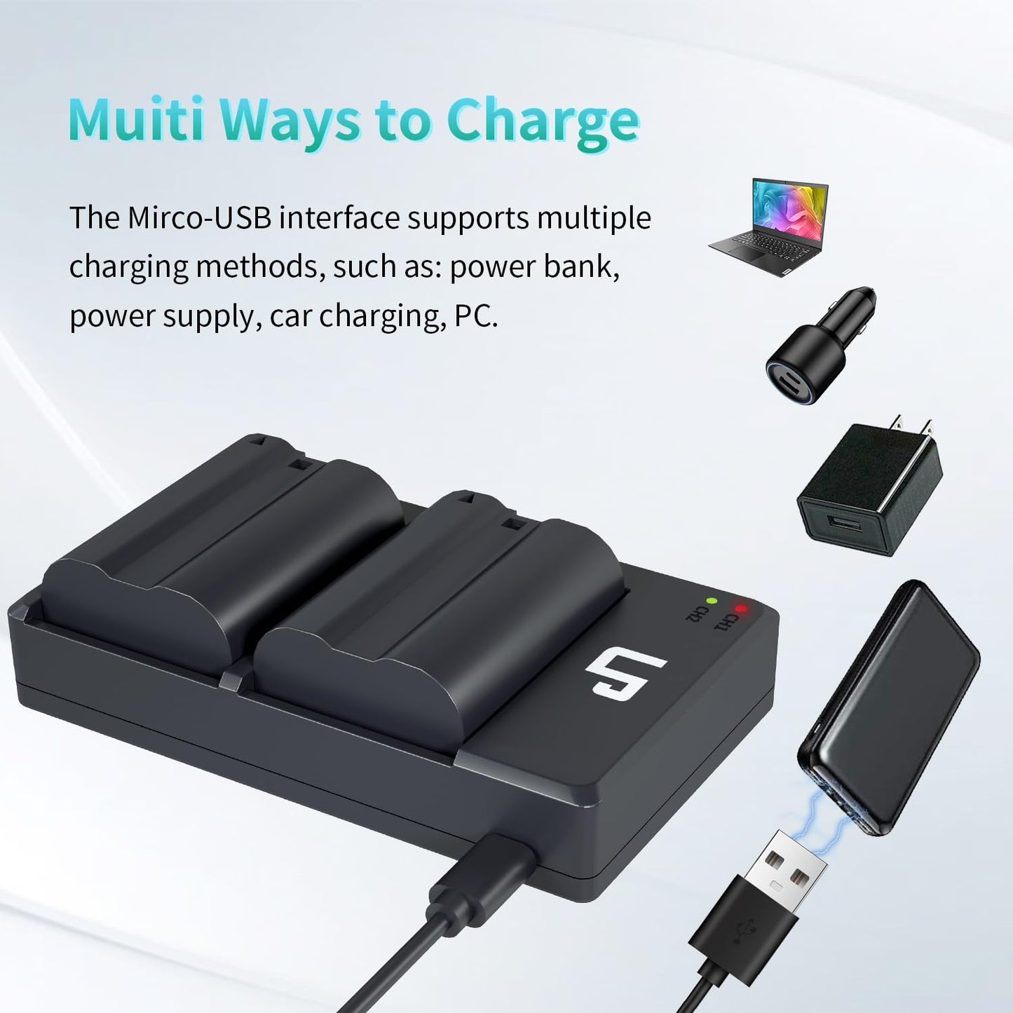 LP EN-EL15 EN EL15a Battery Charger Pack, 2-Pack Battery 2200mAh & Dual Slot Charger, Compatible with Nikon D7500, D7200, D7100, D7000, D850, D750