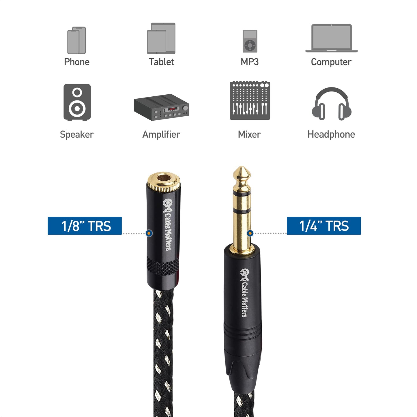Cable Matters 6.35mm to 3.5mm Headphone Adapter Cable 10 ft, (1/4 Male to 1/8 Female, 3.5mm to 1/4 Adapter, AMP to Headphone Converter Cable) in Black