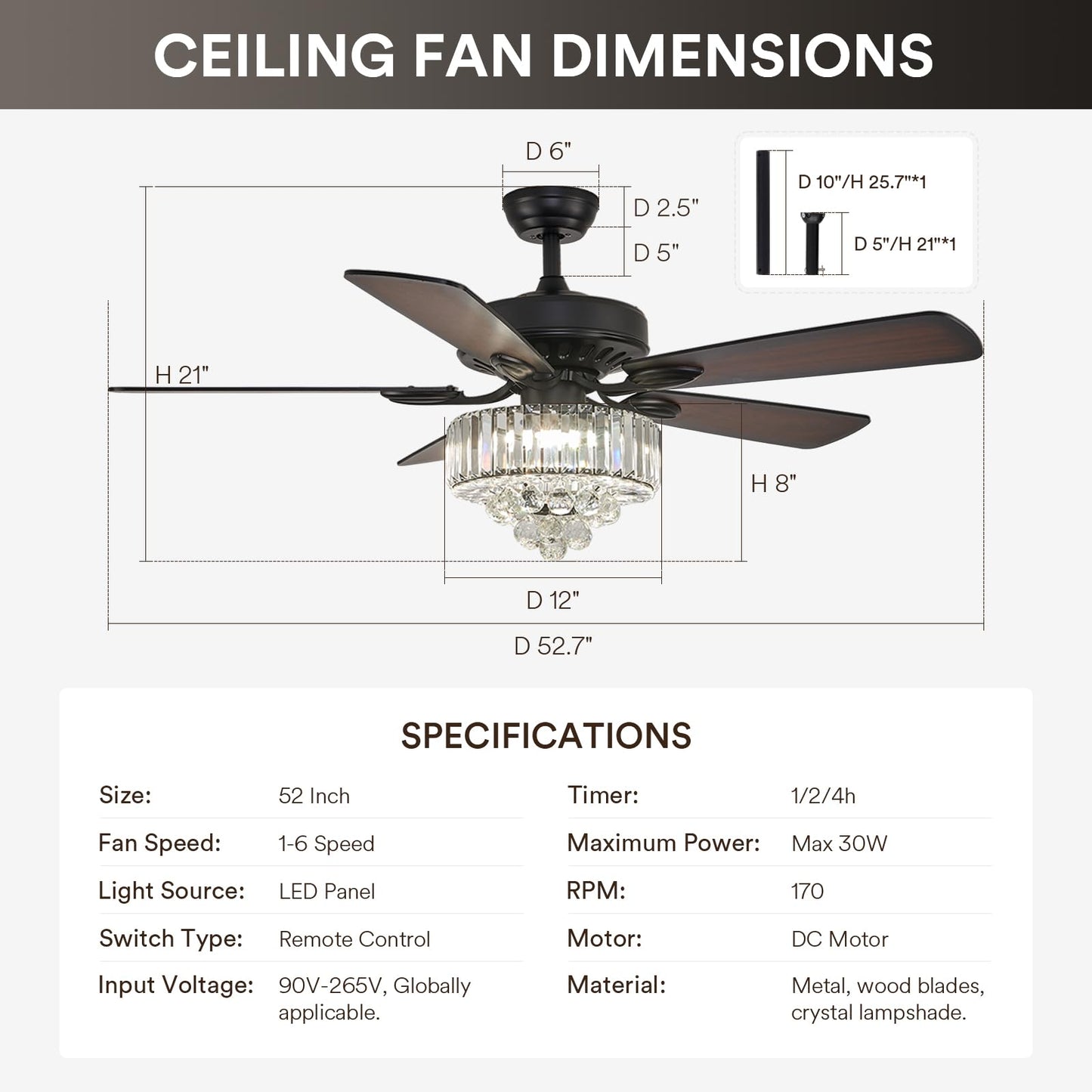 NOXARTE 52 Inch Crystal Ceiling Fan with Light, Modern LED Fandelier with Remote, Black Chandelier Fan Reverse Motor Wood Blades with 6 Speeds
