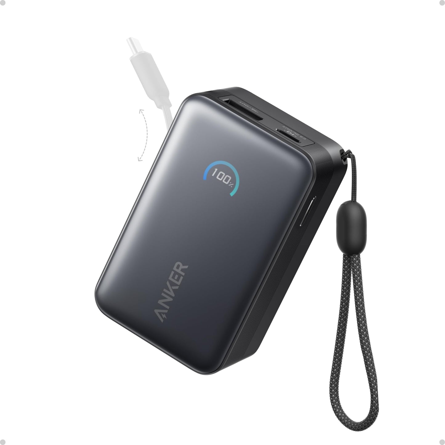 Anker Nano Portable Charger, 45W 10000mAh with 2.3 ft Retractable Cable, Compact Power Bank, Travel Essential Phone Battery Pack for iPhone 17/16