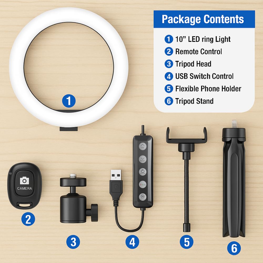 10.2" LED Ring Light for Live Streaming - Adjustable Color Modes, Phone Holder, Desktop Tripod Stand, Beauty Fill Light for TikTok, YouTube, Makeup