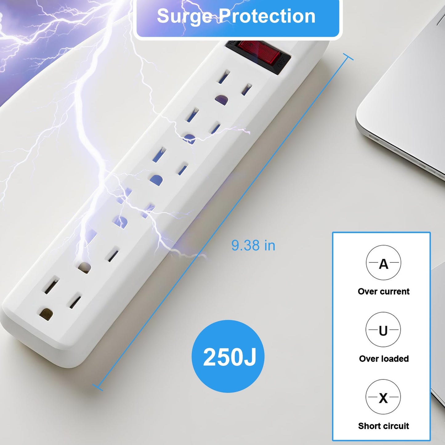 PowerEnvy 6-Outlet Surge Protector 2pk - 250 Joules, 2ft Cord, 15A/125V, 1875W Max - Right Angle Plug, Black - Home, Office, & Electronics Protection