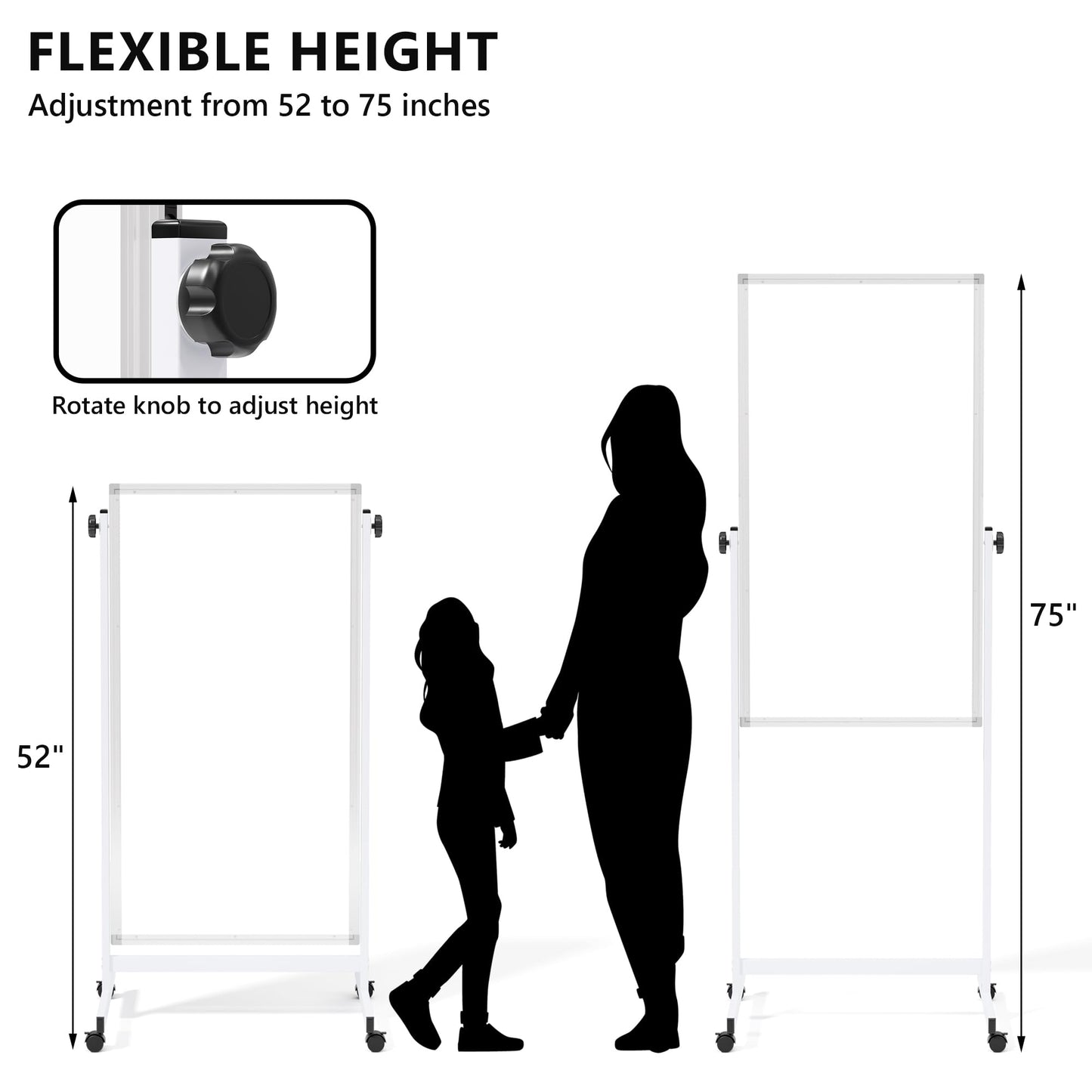 Large Rolling Whiteboard on Wheels, 48" x 24" Height Adjustable Mobile White Board with Stand, 4' x 2' Portable Standing Magnetic Dry Erase Board
