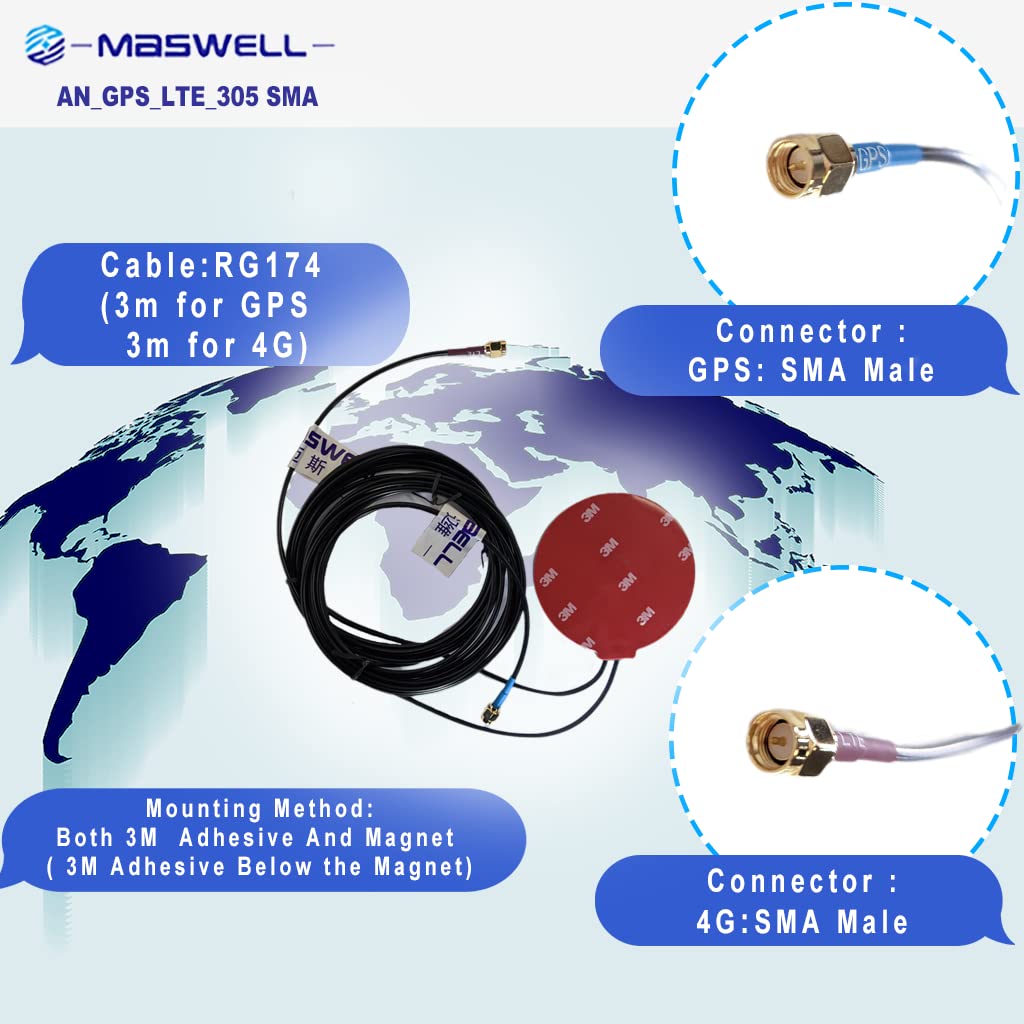 Maswell 2 Combo GPS and 4G LTE Combination Antenna 700-2700MHz Adhesive and Magnet Mount SMA Male Dual Antenna