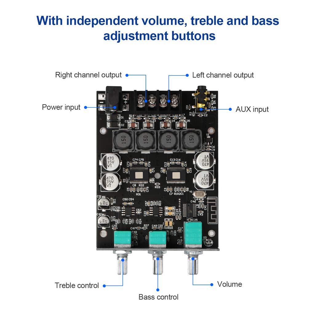 ARRAROWN ZK-1002T RPO 2.0 Channel Bluetooth 5.0 Amplifier Board 200W HiFi Subwoofer Audio AMP with Treble and Bass, BT USB and AUX Inputs, DC 12-24V