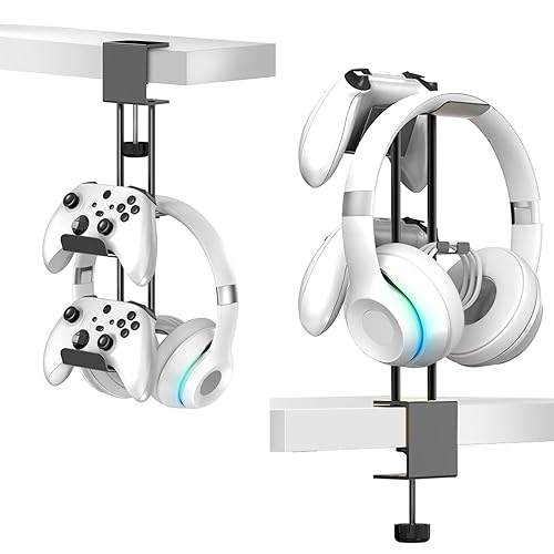 TpeeTeek Headphone Stand with Controller Holder, Aluminum Under Desk Clamp Headset and Controller Stand - 2 in 1 Headphone Hanger for Desktop PC