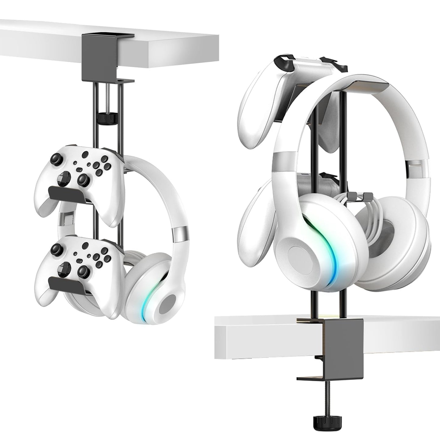 TpeeTeek Headphone Stand with Controller Holder, Aluminum Under Desk Clamp Headset and Controller Stand - 2 in 1 Headphone Hanger for Desktop PC