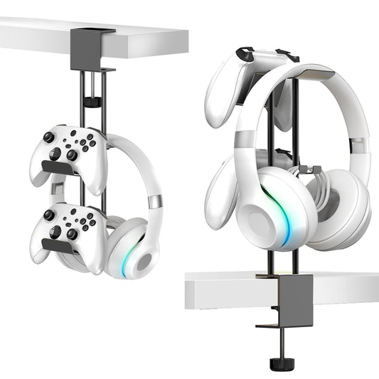 TpeeTeek Headphone Stand with Controller Holder, Aluminum Under Desk Clamp Headset and Controller Stand - 2 in 1 Headphone Hanger for Desktop PC