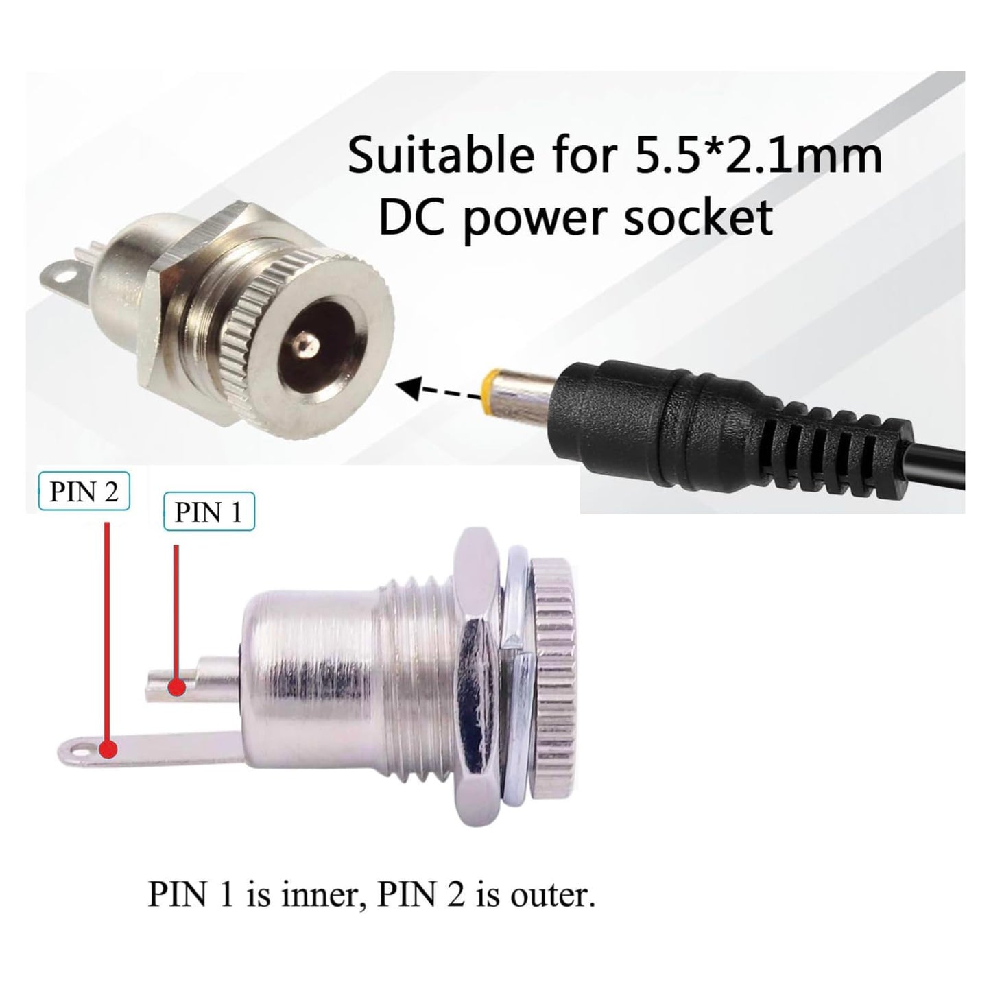 5.5 x 2.1mm DC Power Jack Socket, Threaded Female Panel Mount 2 Pin Barrel Connector, 10 Pack