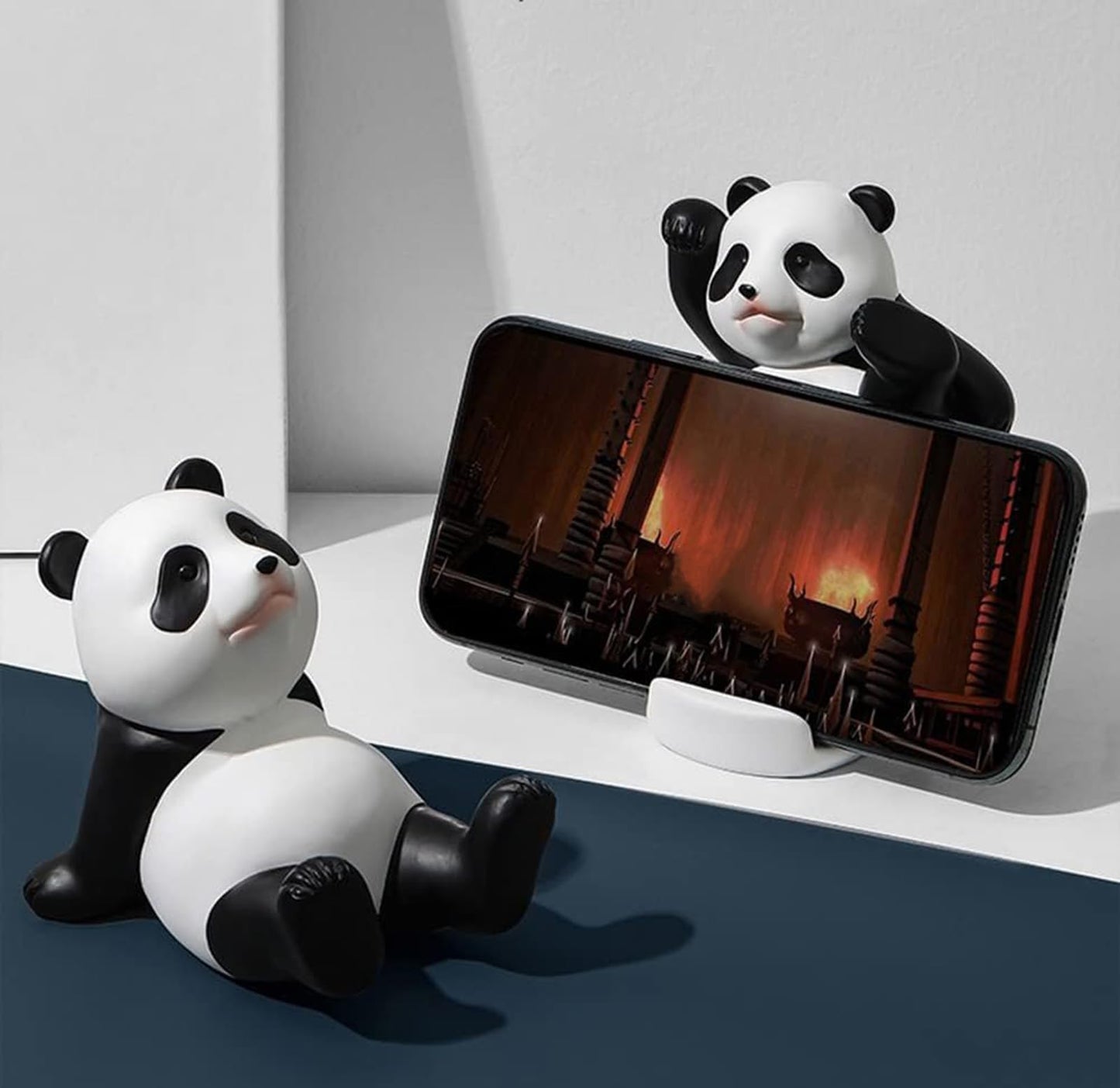 Waowumar Cute Panda Phone Stand for Desk Resin Bear Figurines Phone Holder White and Black Statue Kawaii Desk Accessories