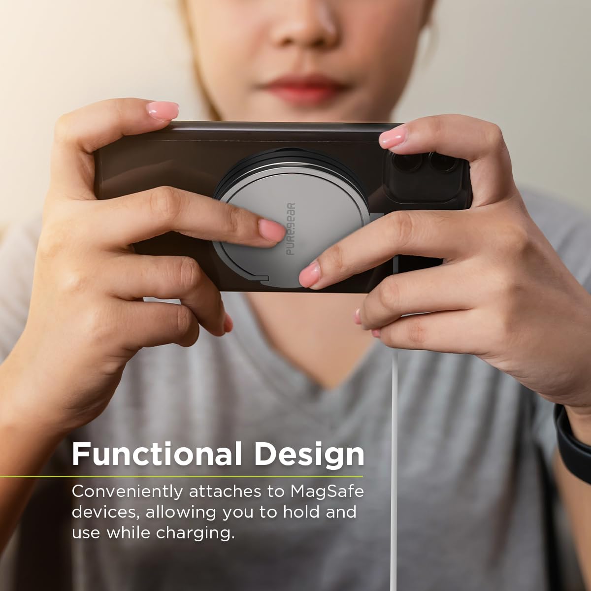 PureGear Kickstand 15W Qi-Certified Fast Magnetic Wireless Charging Pad for iPhone 15/15Pro/15ProMax/14/13/12 Series Work with MagSafe Case