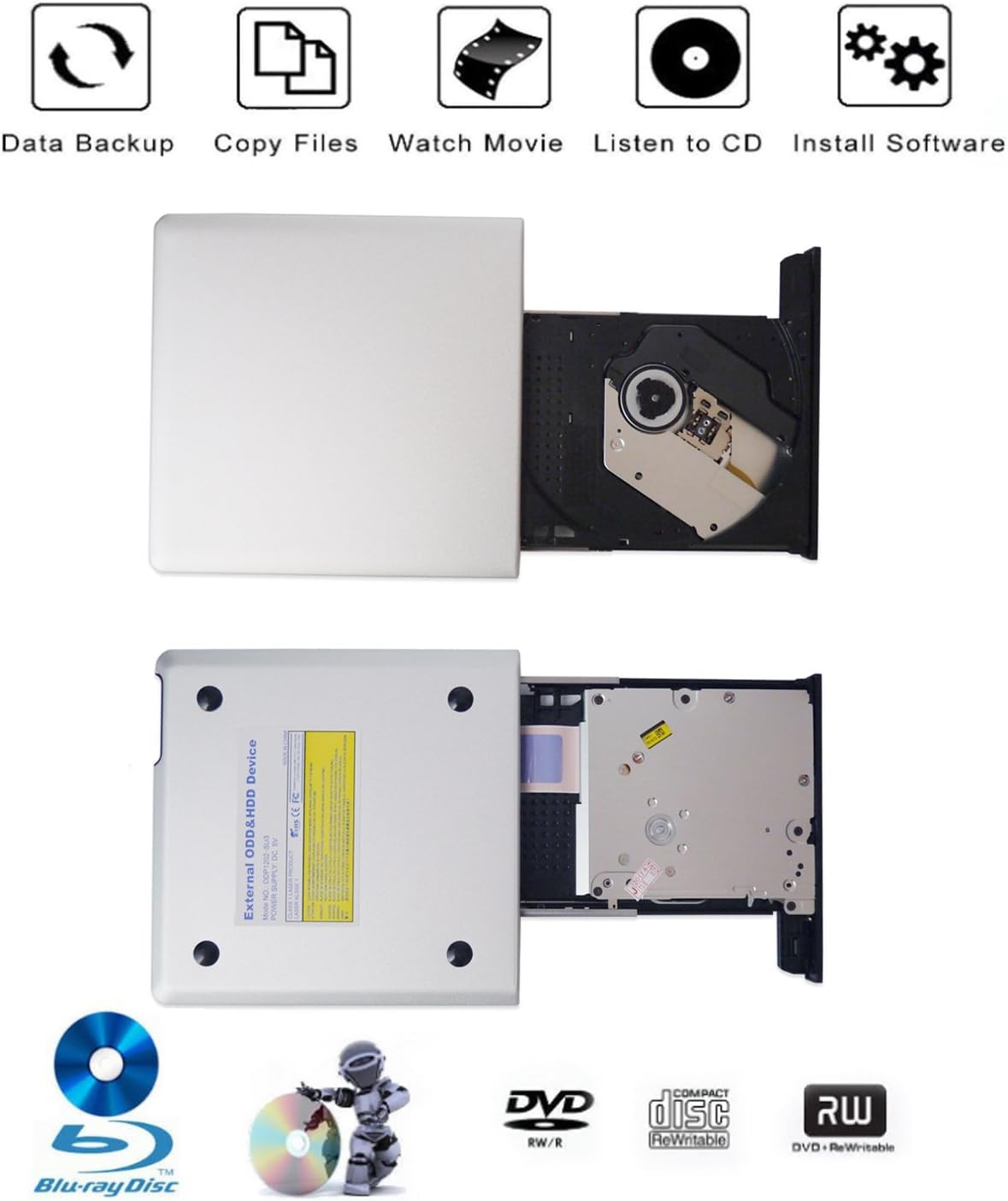 JOYIN-BURN Aluminum External USB 3.0 and USB C UHD 4K Blu-Ray Writer BD-RE BD Burner Blu-ray DVD CD Super-Muti Drive for PC Laptop iMac and Mac