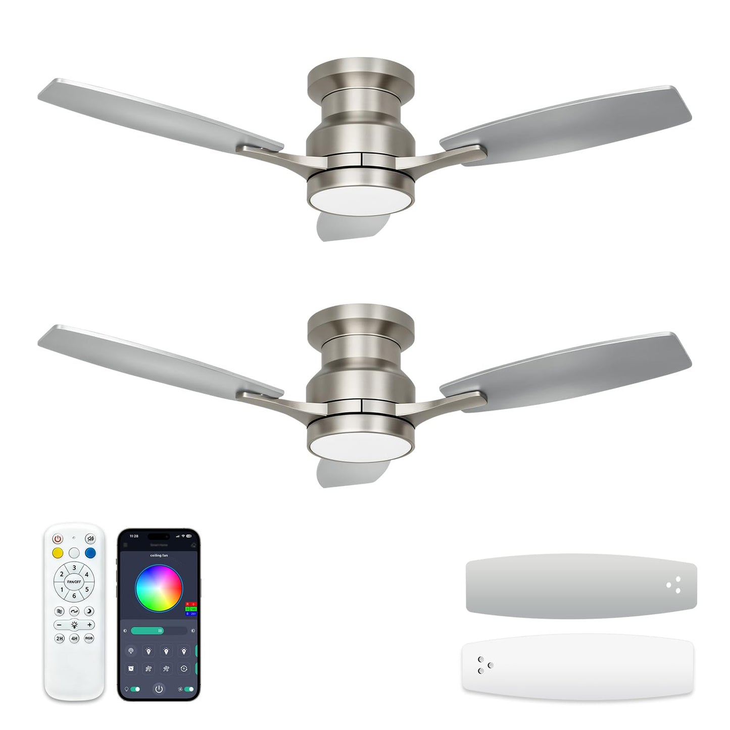 warmiplanet Ceiling Fans with Lights, 2 Pack 42 Inch Low Profile Flush Mount Ceiling Fan, 5200 CFM Quiet Reversible DC Motor, Dimmable LED Light